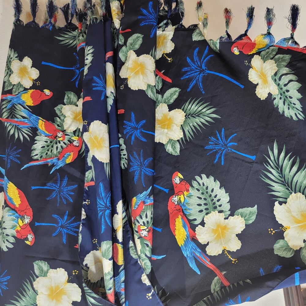 Rima Parrot Wrap Sarong Blue Red Hawaiian Cover Up Fringe Tassel Beach Mexico